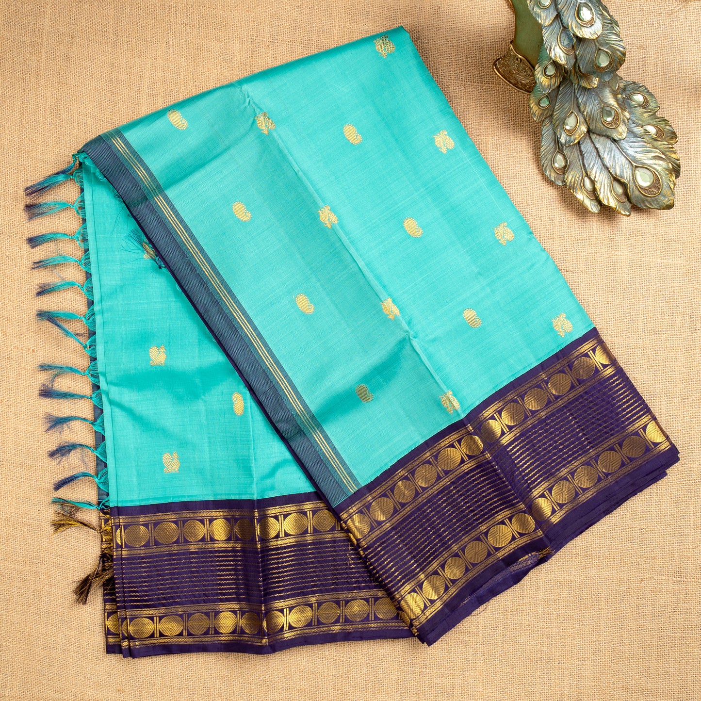 TN000035 Aqua Blue Korvai Kanjivaram Pure Silk