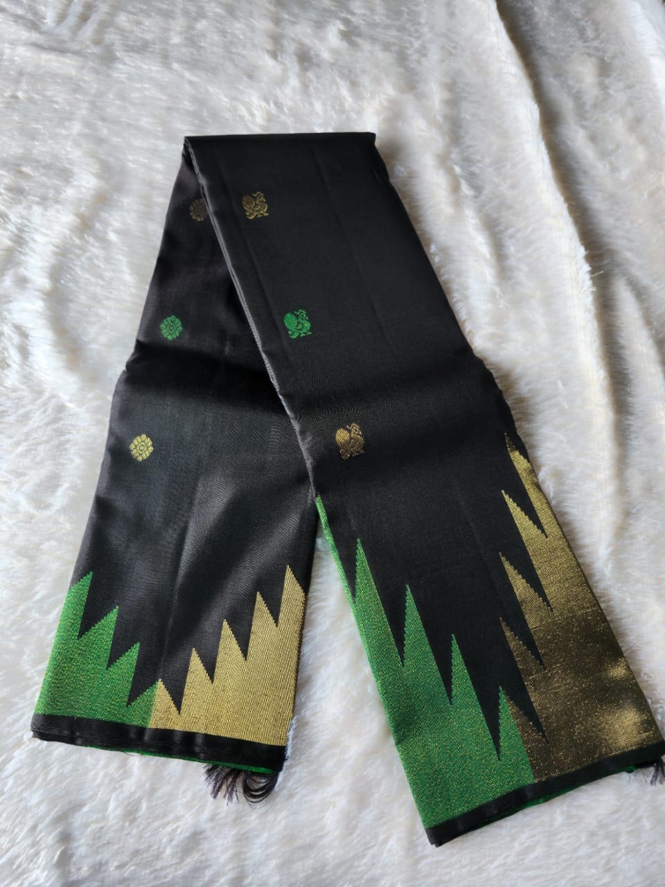 TN000024 - Black with Green & Gold Temple Border Kanjivaram Pure Silk