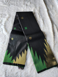 TN000024 - Black with Green & Gold Temple Border Kanjivaram Pure Silk