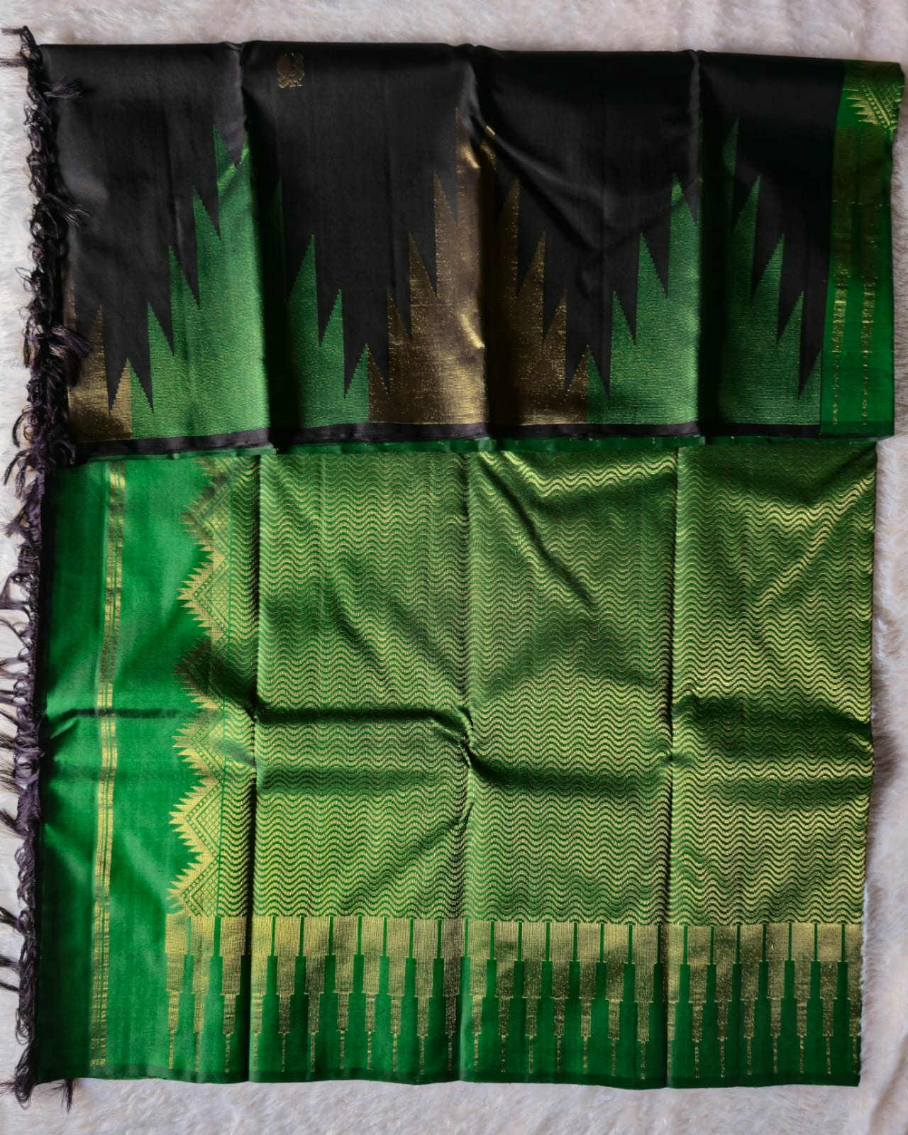 TN000024 - Black with Green & Gold Temple Border Kanjivaram Pure Silk