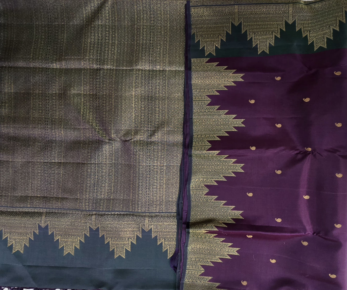 TN000031 - Brown/Green Temple Border Kanjivaram Pure Silk