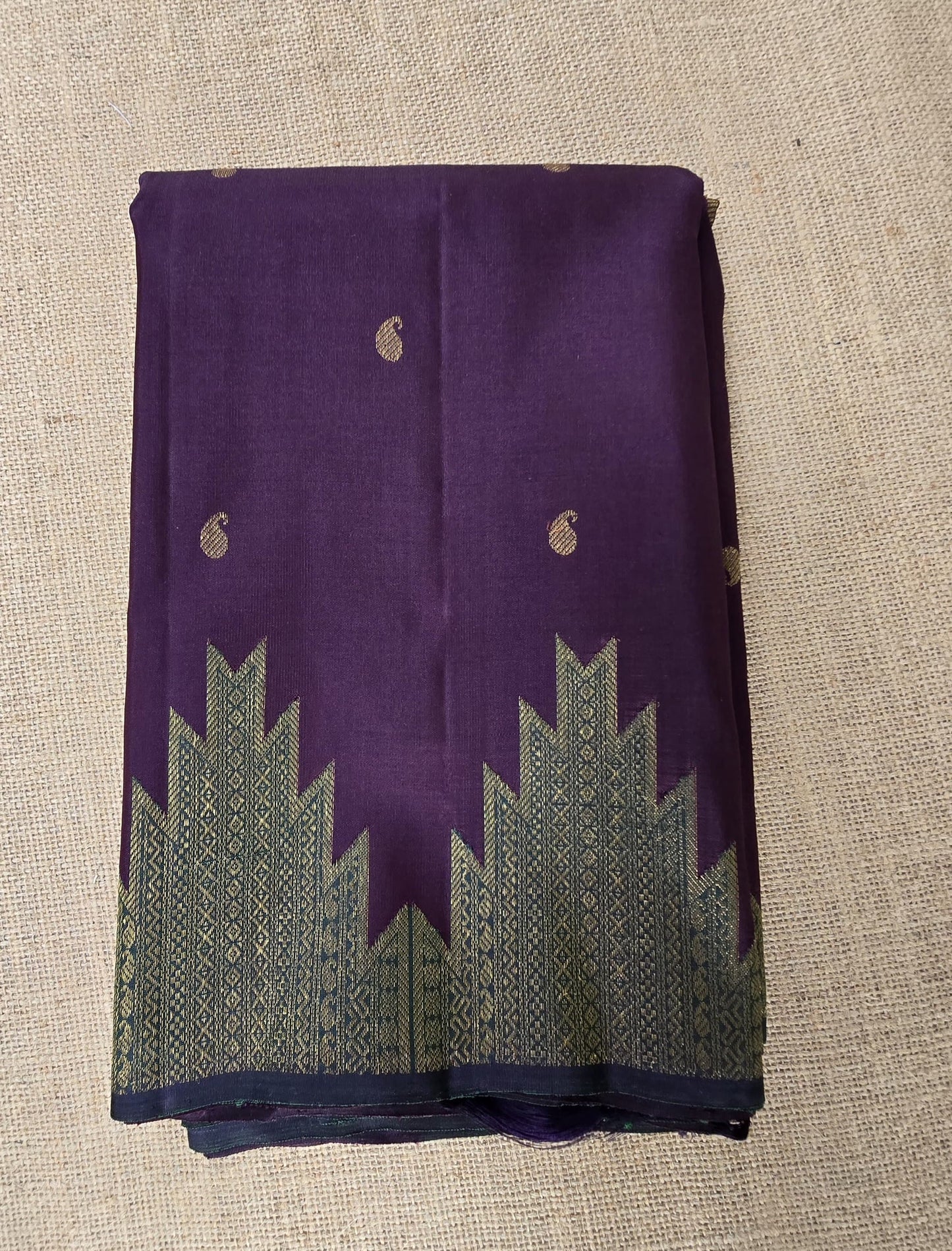 TN000031 - Brown/Green Temple Border Kanjivaram Pure Silk