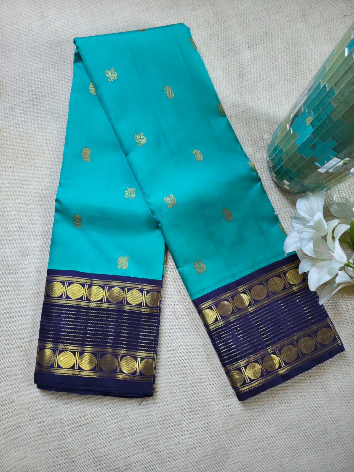 TN000035 Aqua Blue Korvai Kanjivaram Pure Silk
