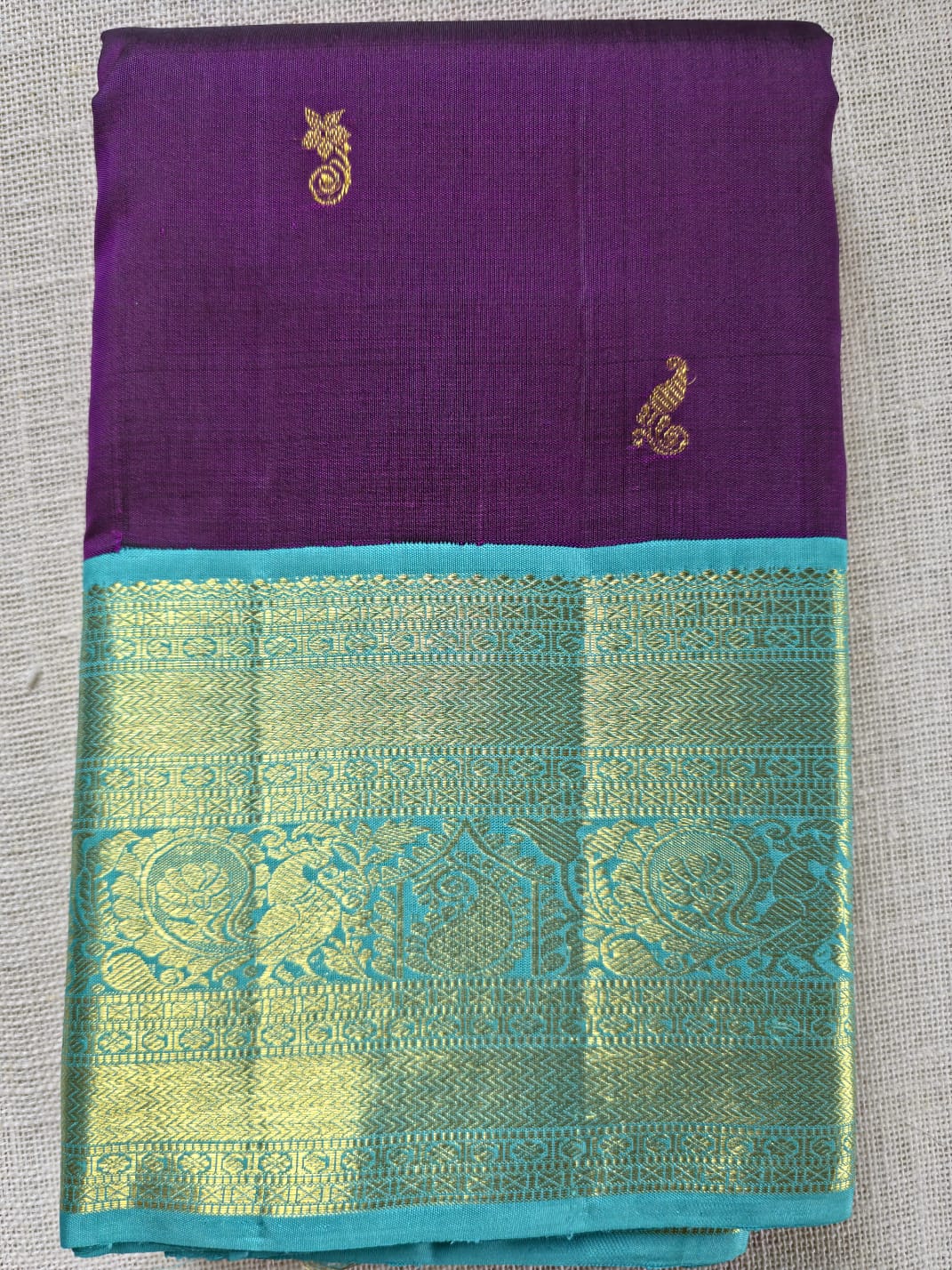 TN000036 - Purple/Aqua Blue Zari Border Korvai Kanjivaram Pure Silk