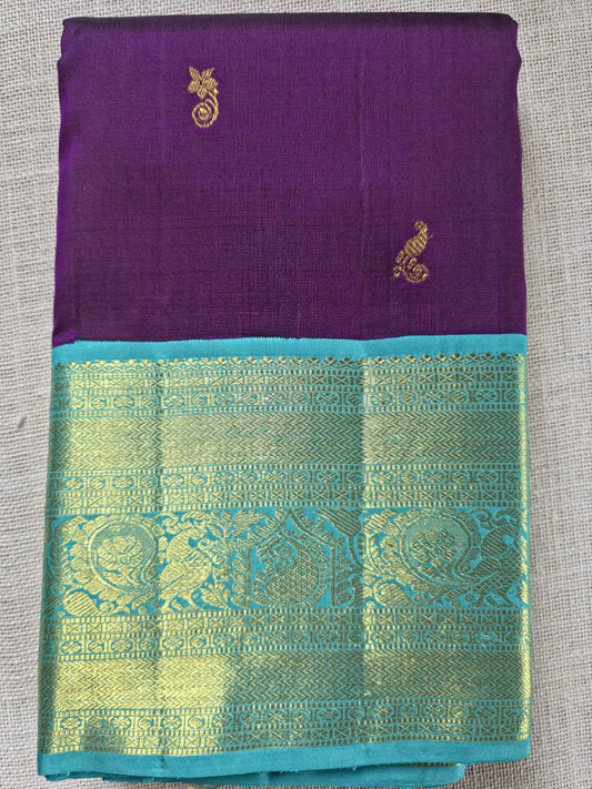 TN000036 - Purple/Aqua Blue Zari Border Korvai Kanjivaram Pure Silk