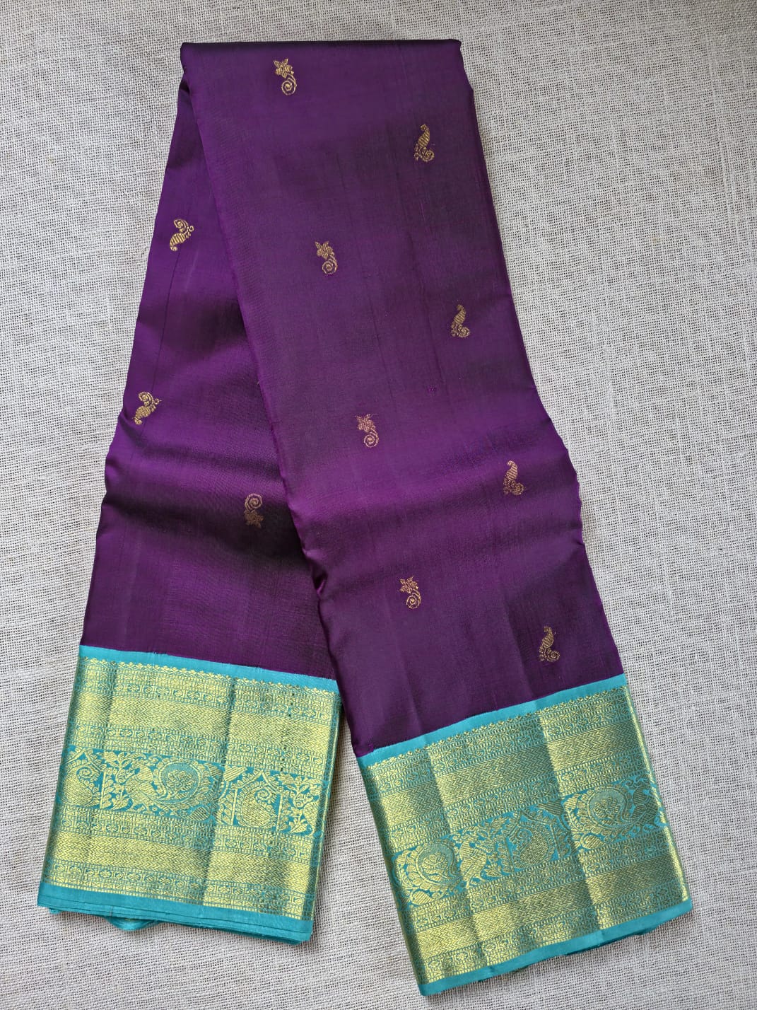 TN000036 - Purple/Aqua Blue Zari Border Korvai Kanjivaram Pure Silk