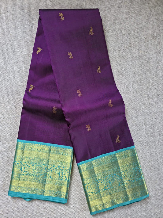 TN000036 - Purple/Aqua Blue Zari Border Korvai Kanjivaram Pure Silk