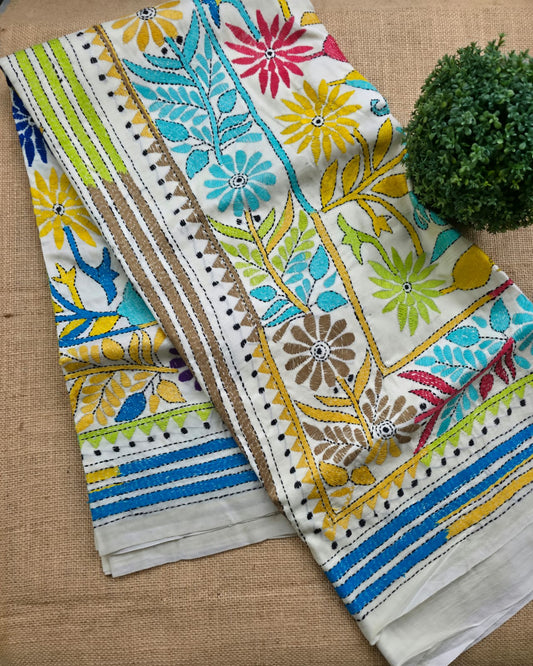 WB000005 - Pure Silk (Kantha Stitch) White