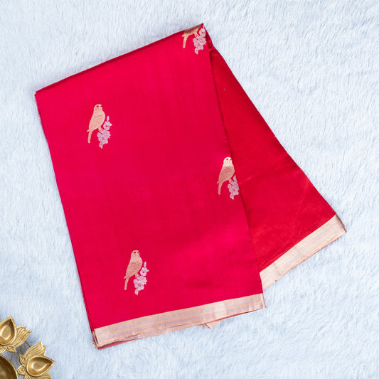 UP000005 - Banarasi Pure Silk Cherry Pink Raw Mango Kora Stripe