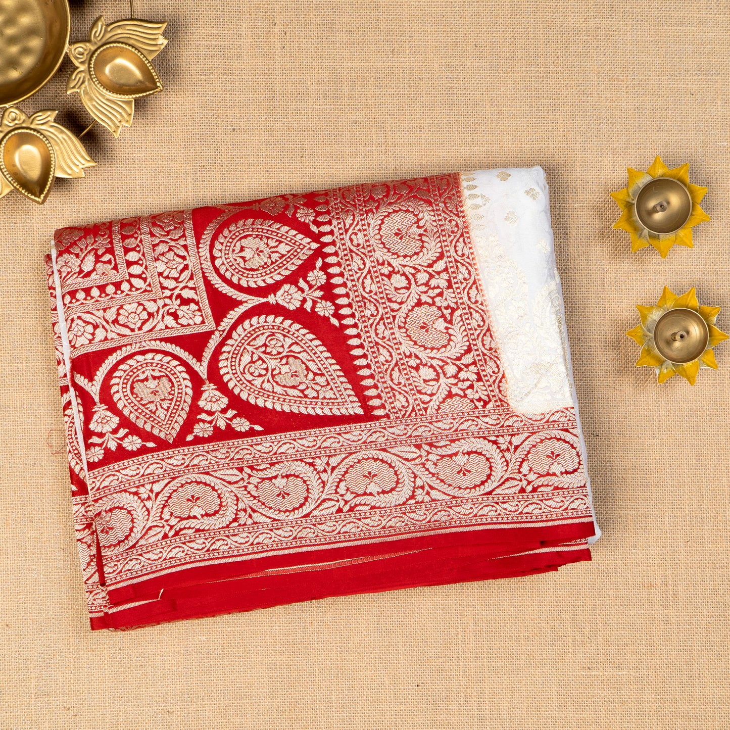 UP000077 - White and Red contrast border Pure Banarasi Crepe Georgette