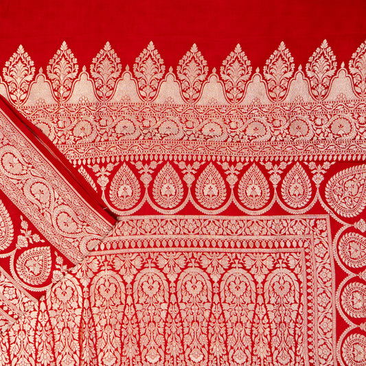 UP000077 - White and Red contrast border Pure Banarasi Crepe Georgette