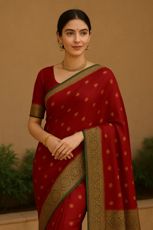 UP000036 - Antique Red & Gold Banarasi Georgette Handloom Saree