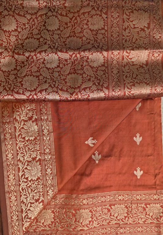UP000017 - Banarasi Pure Silk Gold Butta Brown - Katan Silk