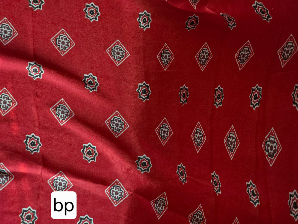Modal Ajrakh Saree with Mirror Work – Red & Dark Brown