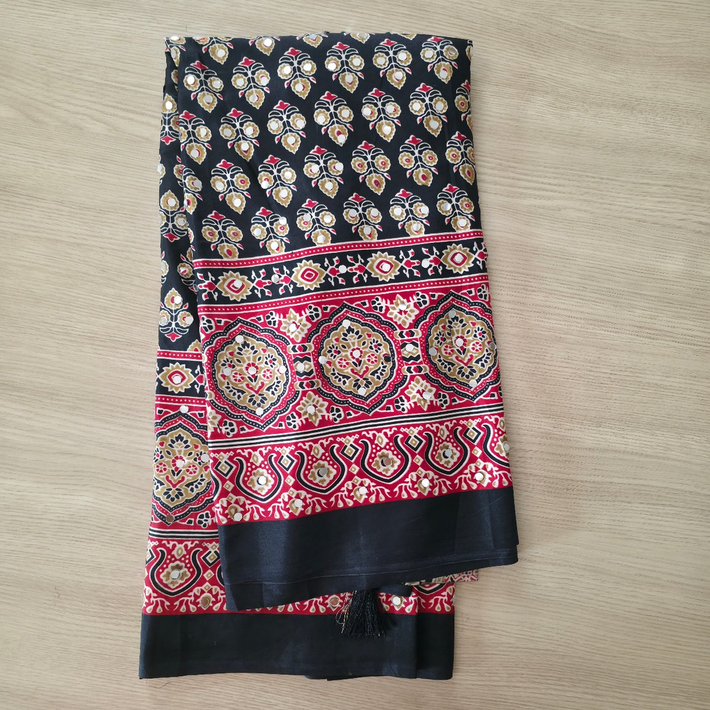 JD00081 Pure Modal Ajrakh classic Red and black with real mirror work