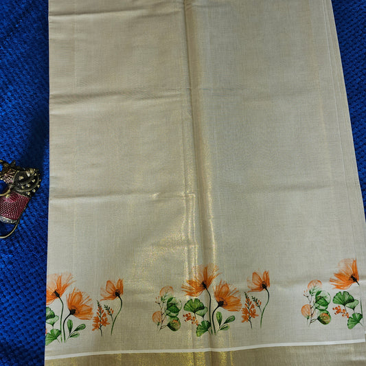 KL000007 - Kerala Saree - Spray Paint Saree with light Orange flower design