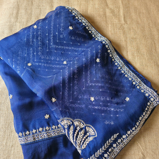 UP000194 - Blue Pure Organza Silk with Handcrafted seq Work