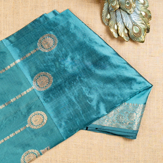 UP000010 - Turquoise Blue Banarasi Pure Silk - Katan Silk
