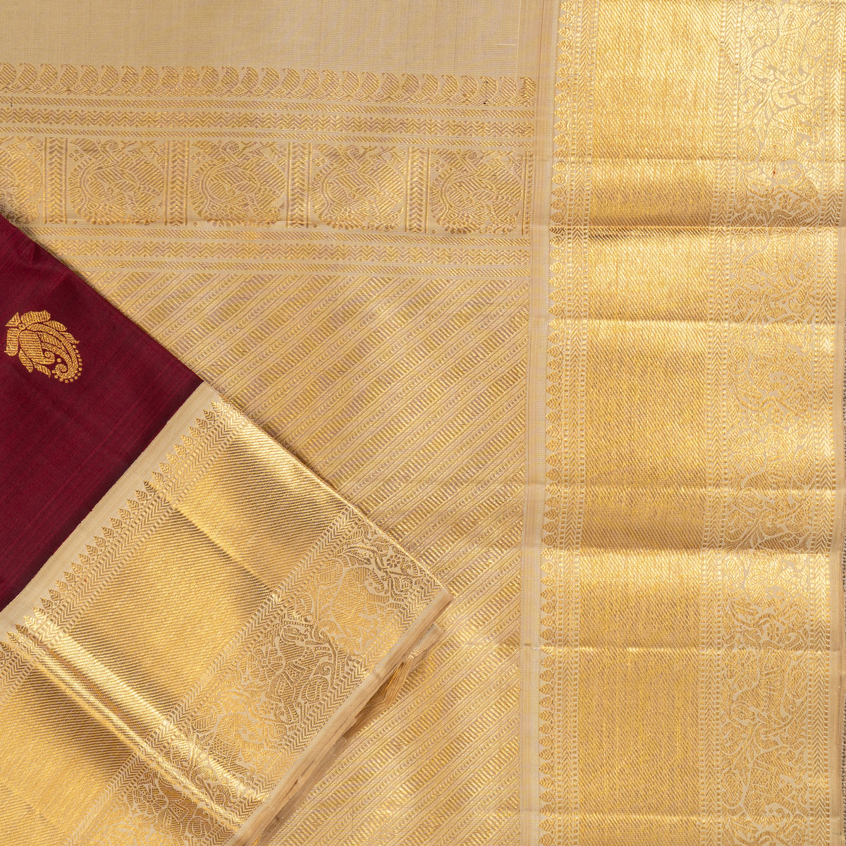 TN000038 - Maroon & Gold Korvai Kanjivaram Pure Silk
