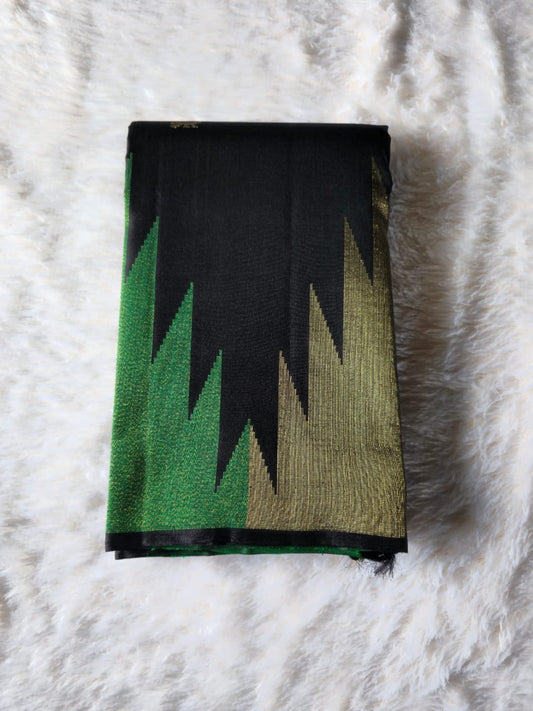 TN000024 - Black with Green & Gold Temple Border Kanjivaram Pure Silk