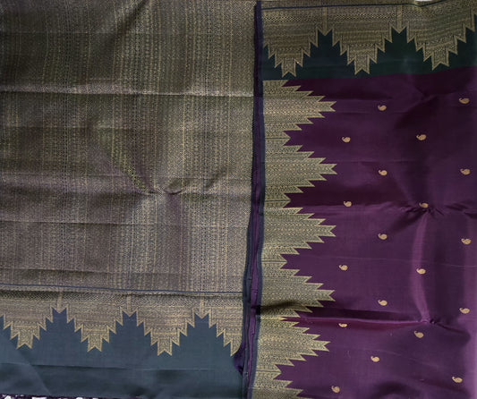 TN000031 - Brown/Green Temple Border Kanjivaram Pure Silk