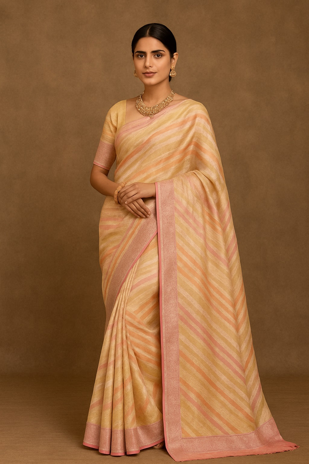 UP000035 - Pastel Yellow Pink Rangkat Khaddi Georgette Banarasi Handloom Saree