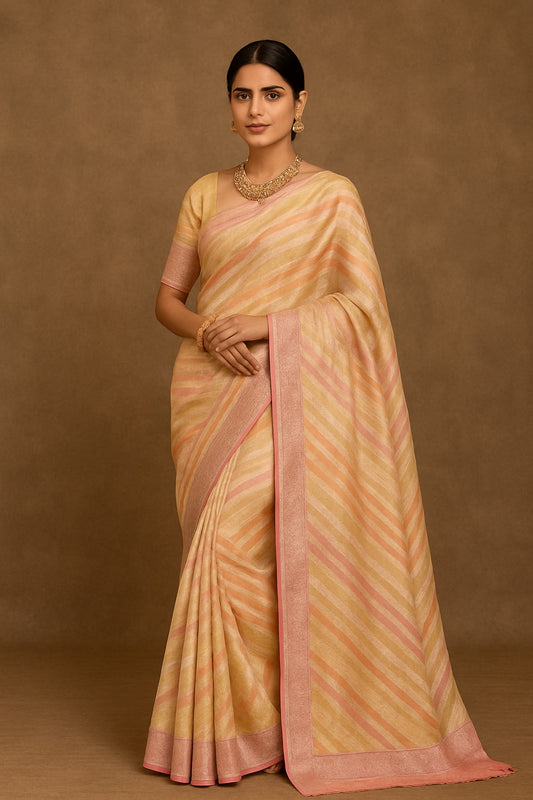 UP000035 - Pastel Yellow Pink Rangkat Khaddi Georgette Banarasi Handloom Saree