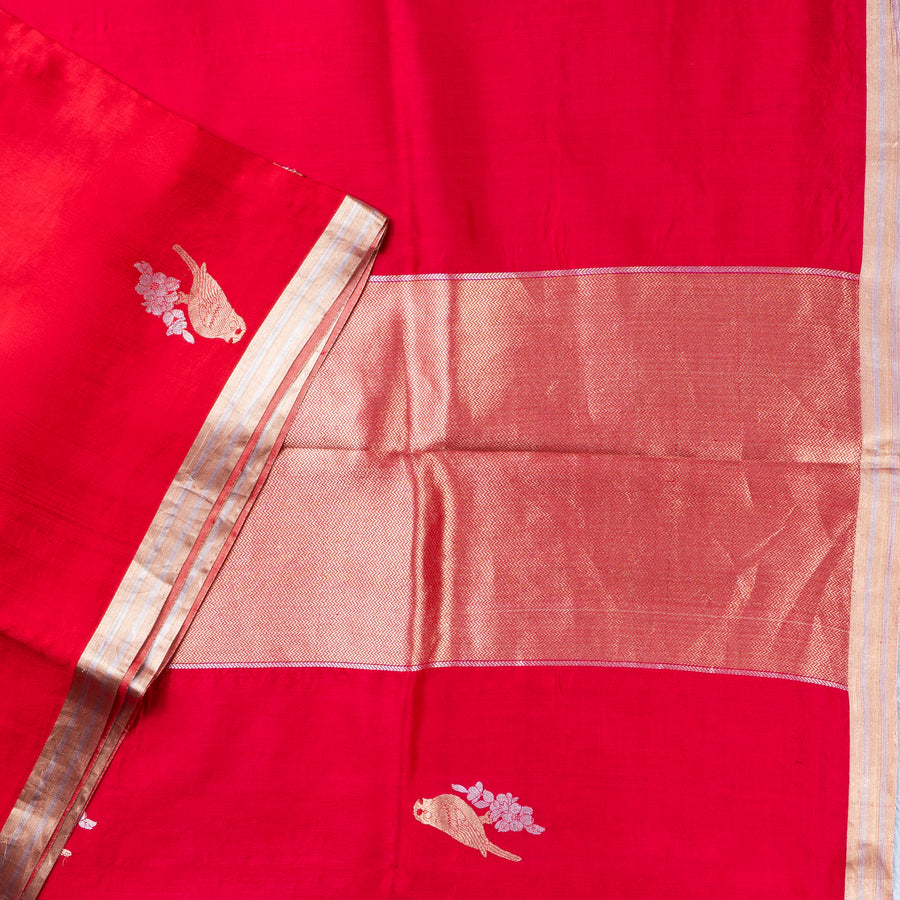 UP000005 - Banarasi Pure Silk Cherry Pink Raw Mango Kora Stripe