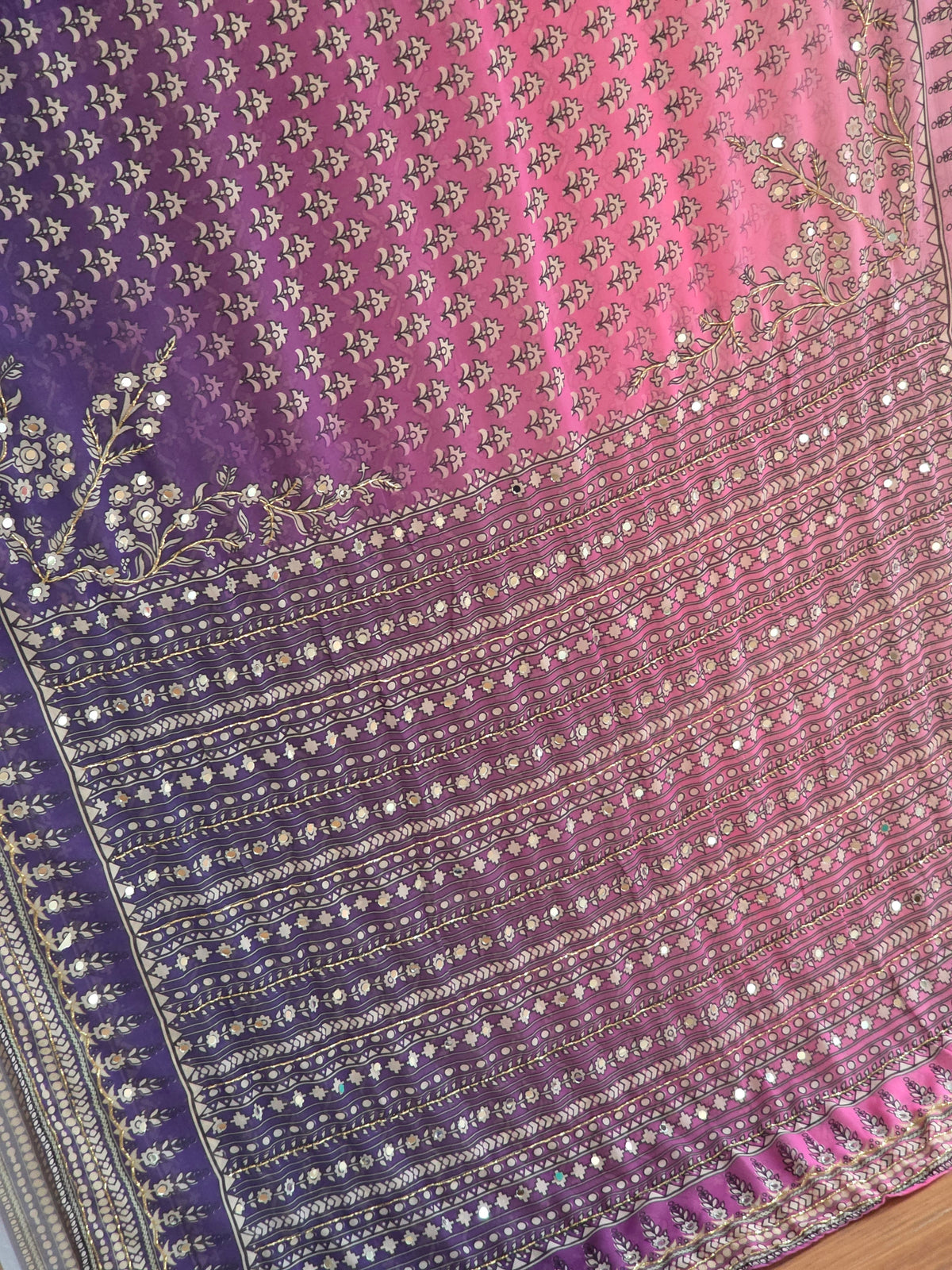 Georgette Saree with Real Mirror & Cutdana Work in  Pink n Purple contrast