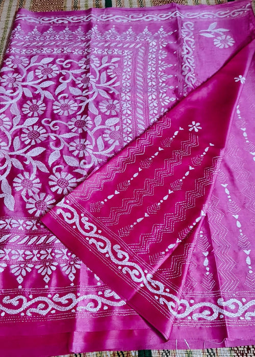 Pink Kantha Stitch Silk Saree