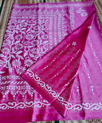 Pink Kantha Stitch Silk Saree