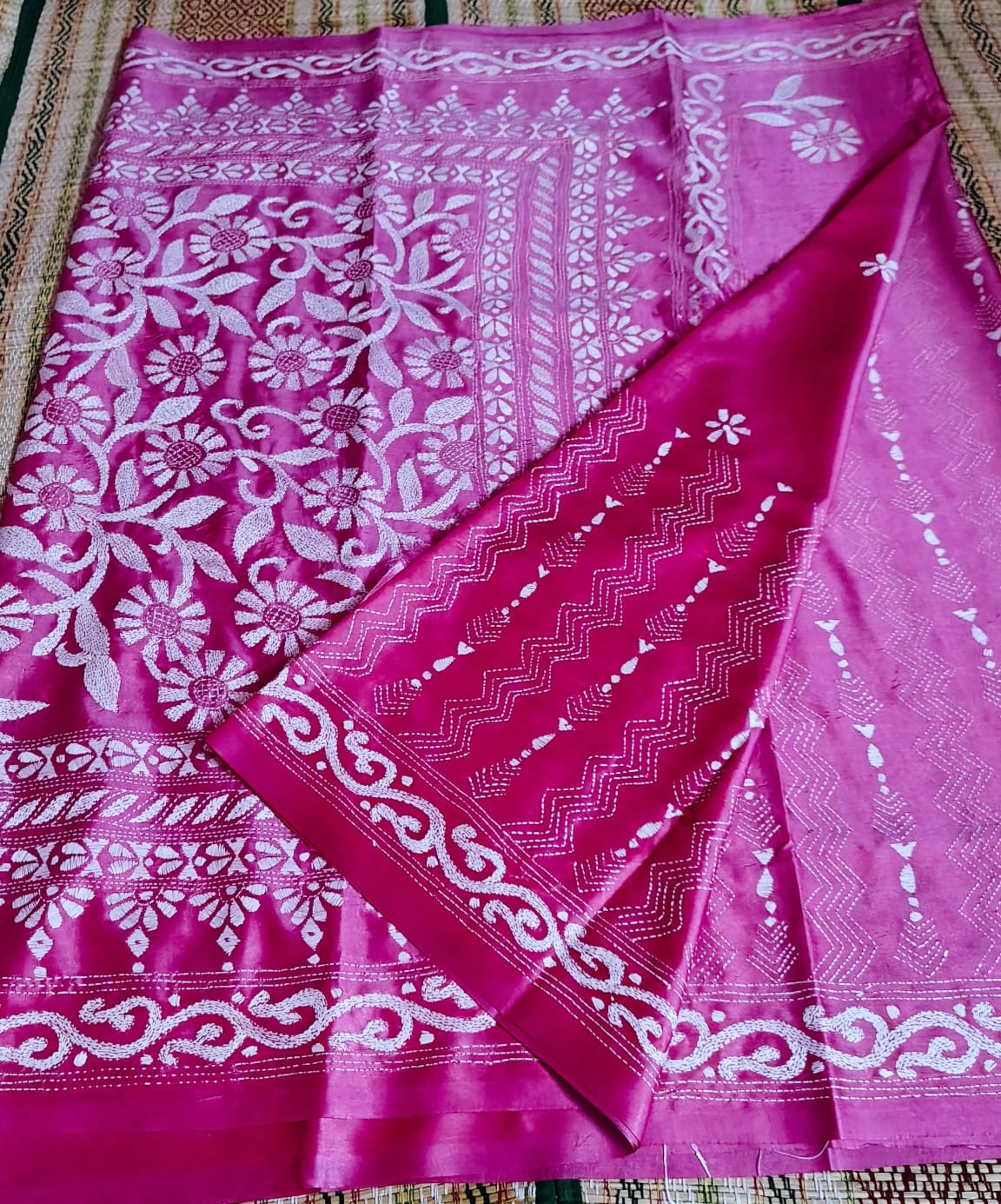 Pink Kantha Stitch Silk Saree