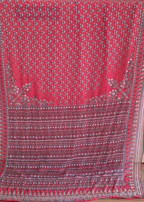 Red Georgette Saree with Real Mirror & Cutdana Work