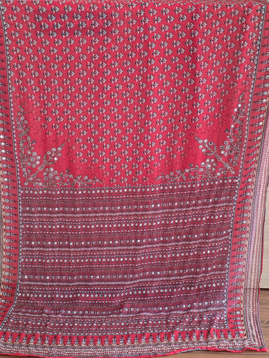 Red Georgette Saree with Real Mirror & Cutdana Work