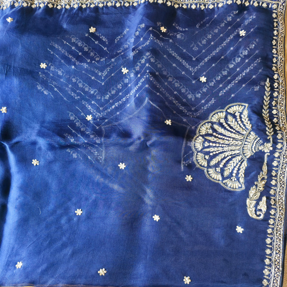 UP000194 - Blue Pure Organza Silk with Handcrafted seq Work