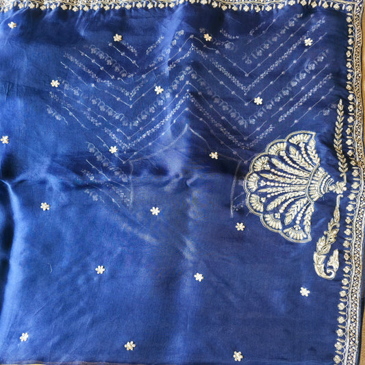 UP000194 - Blue Pure Organza Silk with Handcrafted seq Work