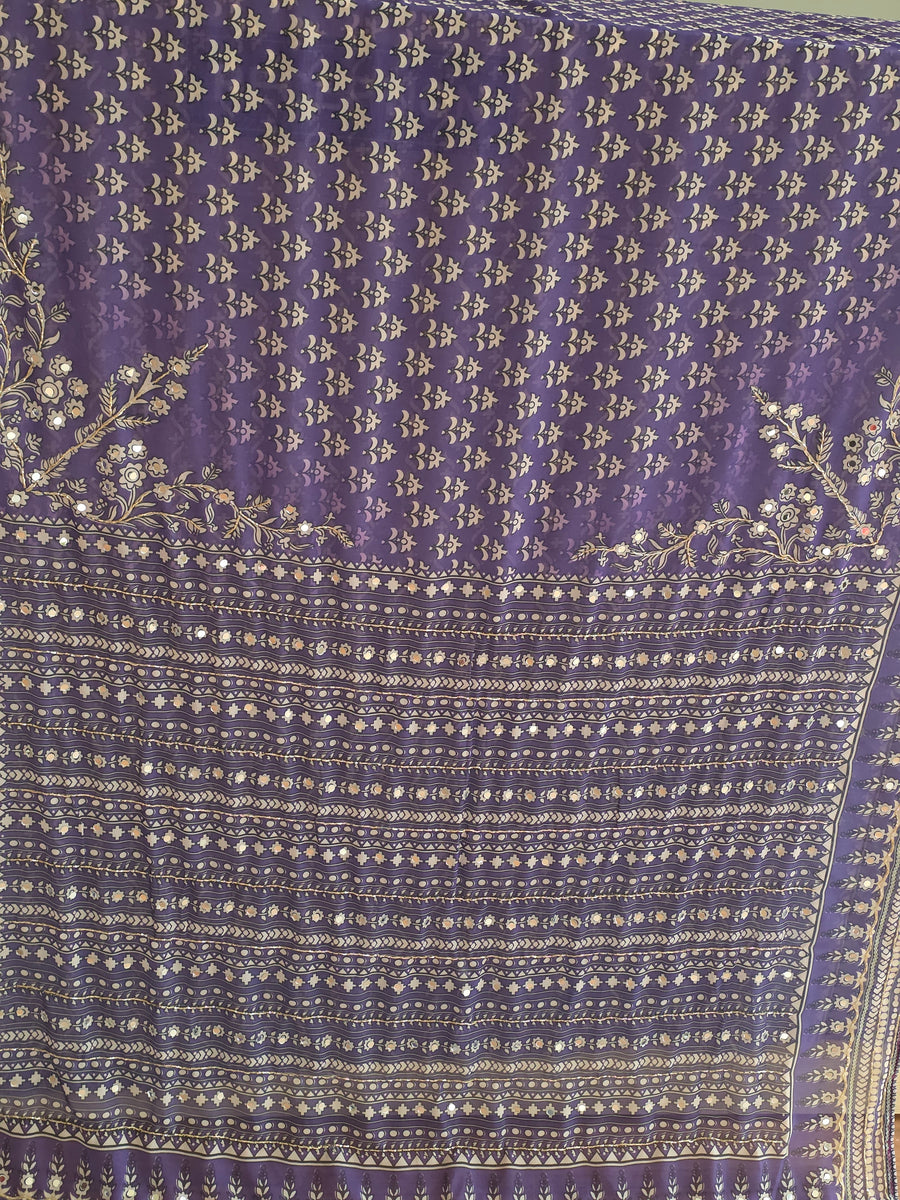 Purple Georgette Saree with Real Mirror & Cutdana Work