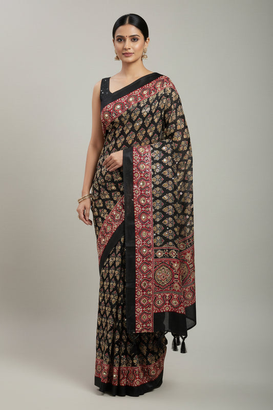 JD00081 Pure Modal Ajrakh classic Red and black with real mirror work