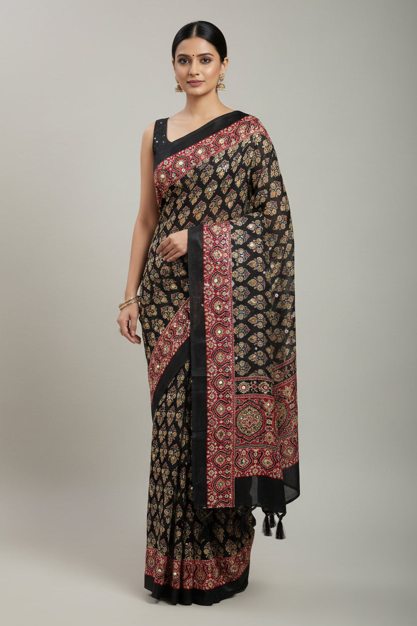 JD00081 Pure Modal Ajrakh classic Red and black with real mirror work