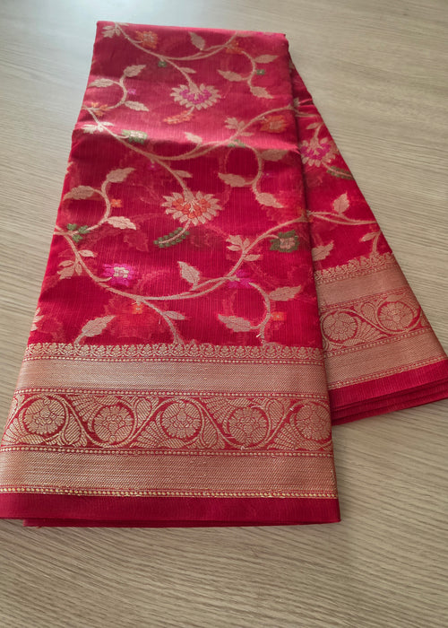 Red Banarasi weave in Jaal design