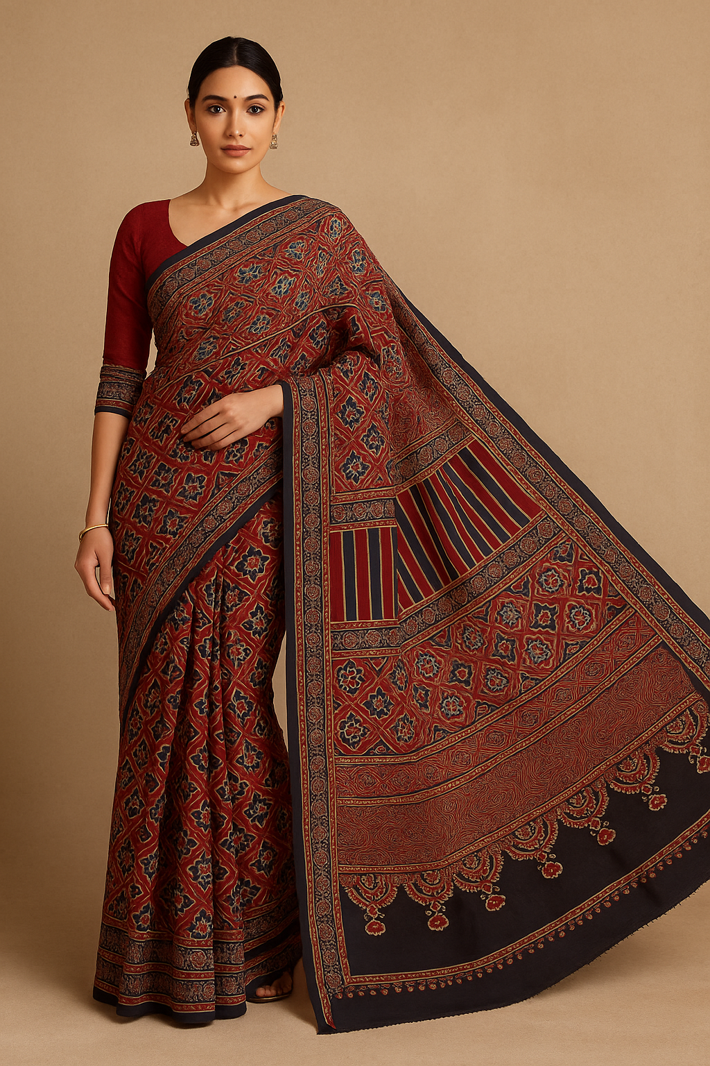 WB000023 - Ajrakh Handblock Printed Saree