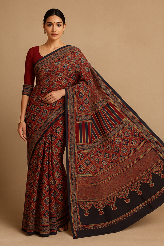 WB000023 - Ajrakh Handblock Printed Saree