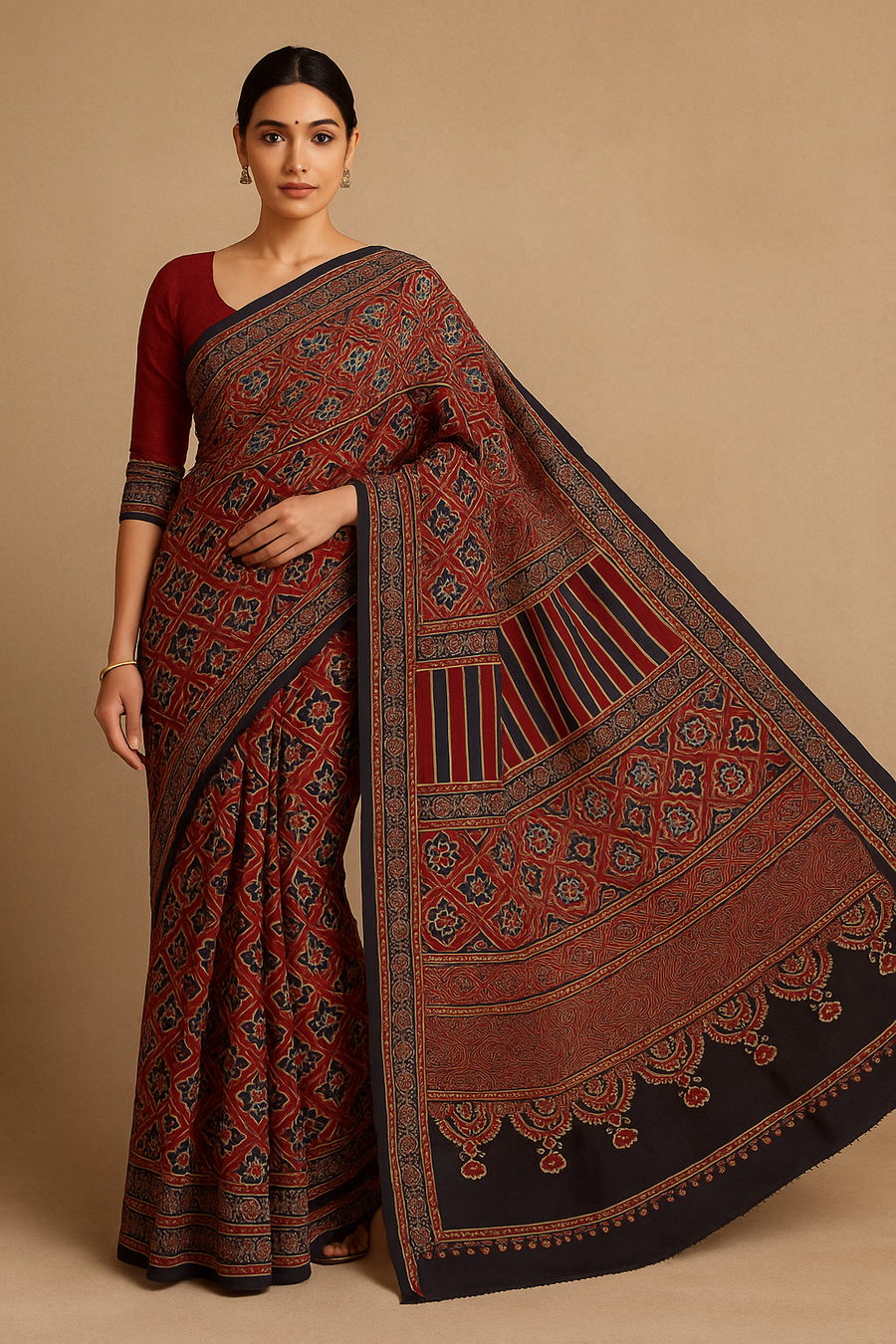 WB000023 - Ajrakh Handblock Printed Saree