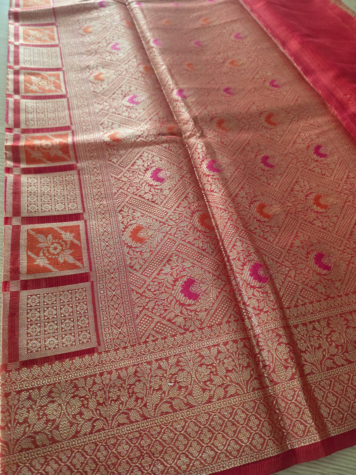 Red Banarasi weave with golden zari