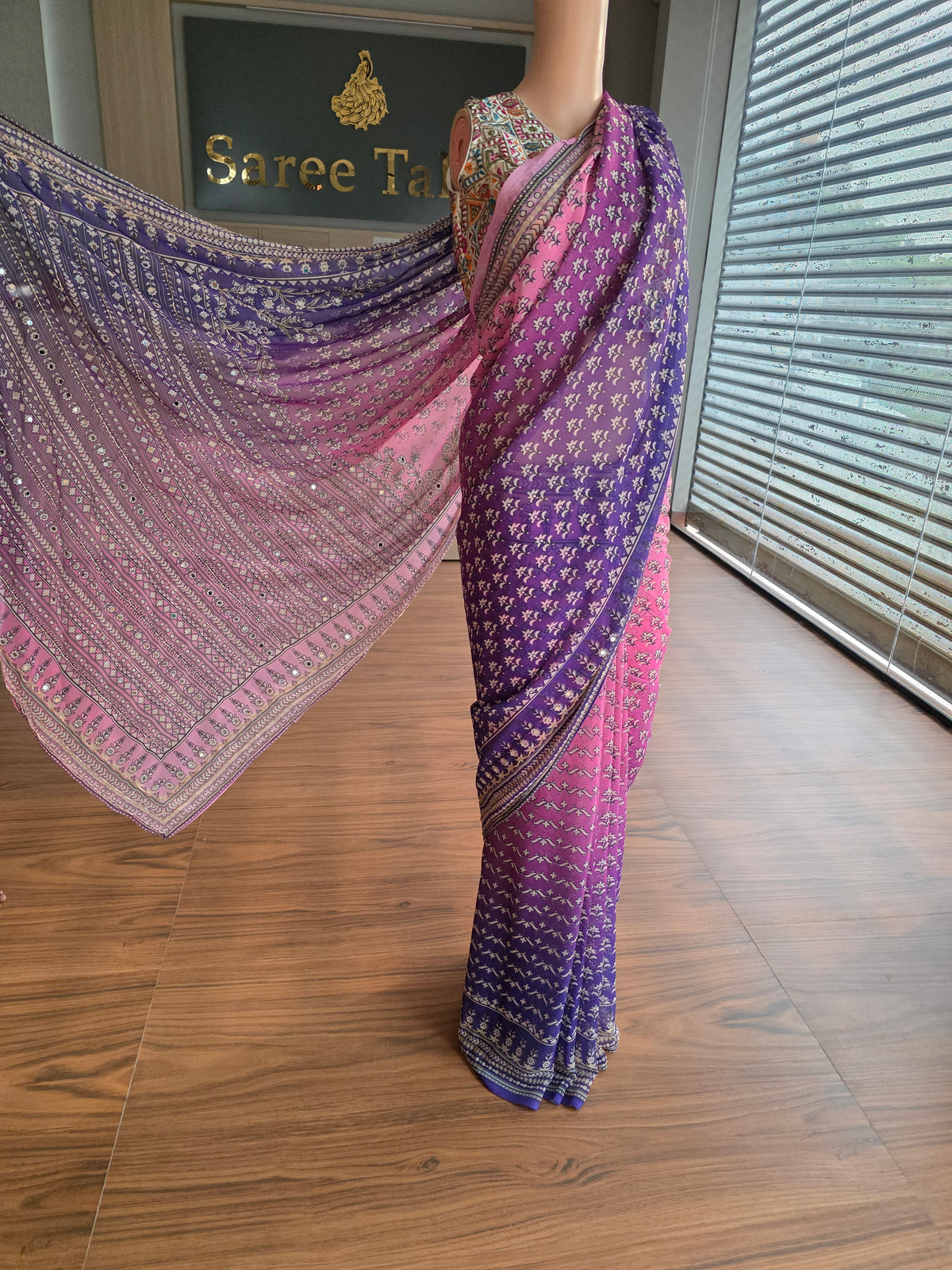 Georgette Saree with Real Mirror & Cutdana Work in  Pink n Purple contrast