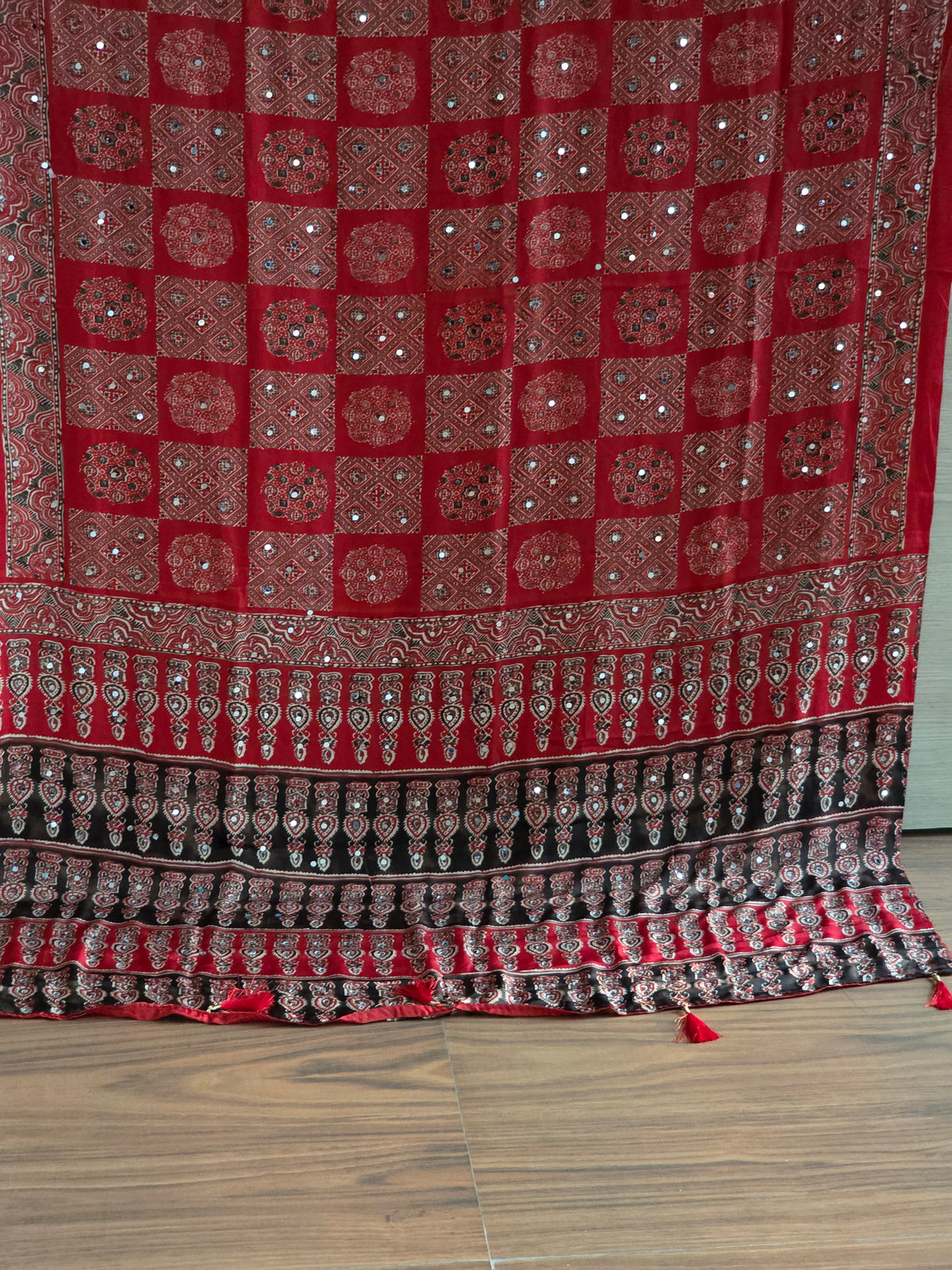 Modal Ajrakh Saree with Mirror Work – Red & Dark Brown