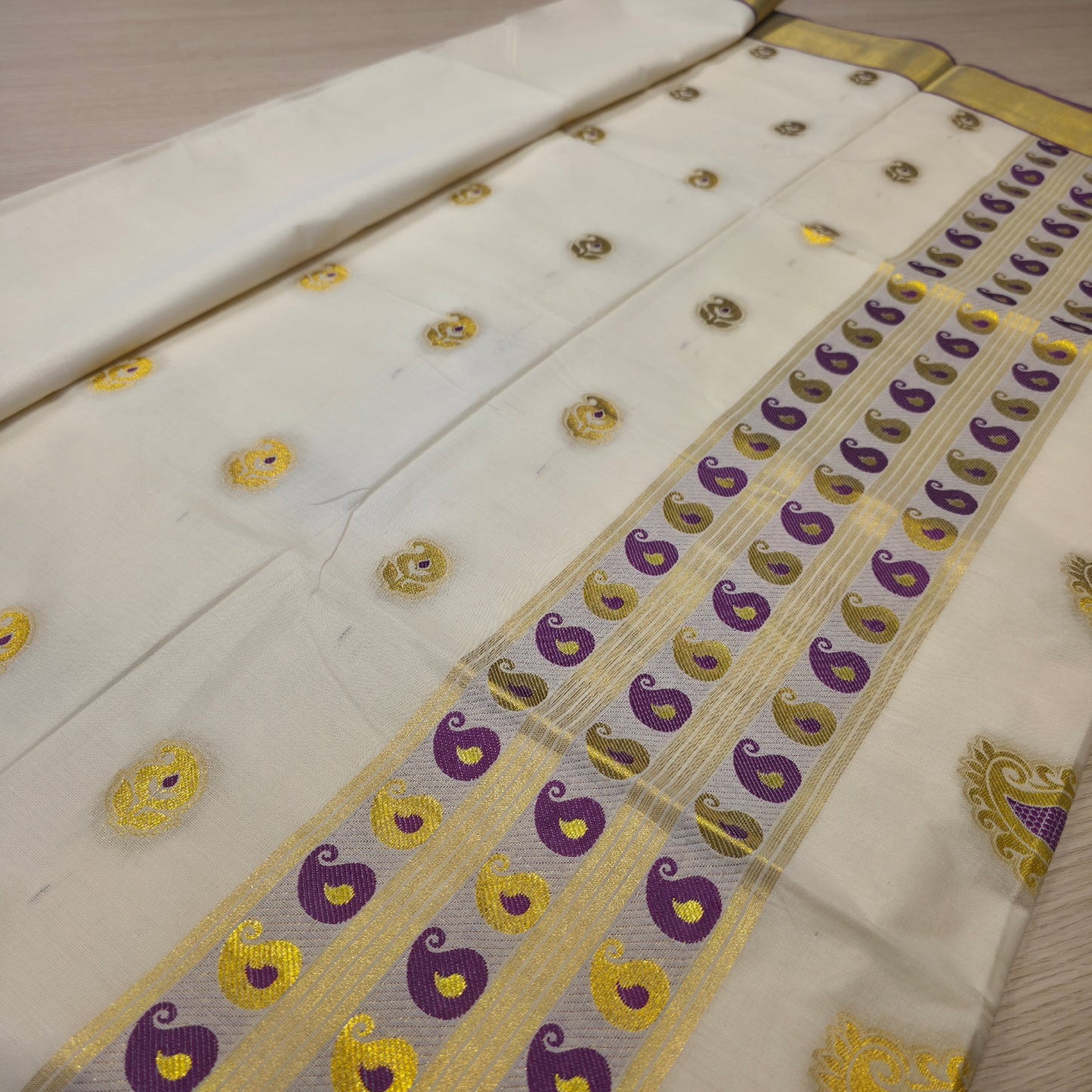 KL000057 Kerala Cotton Kasavu with Purple and Golden motiff