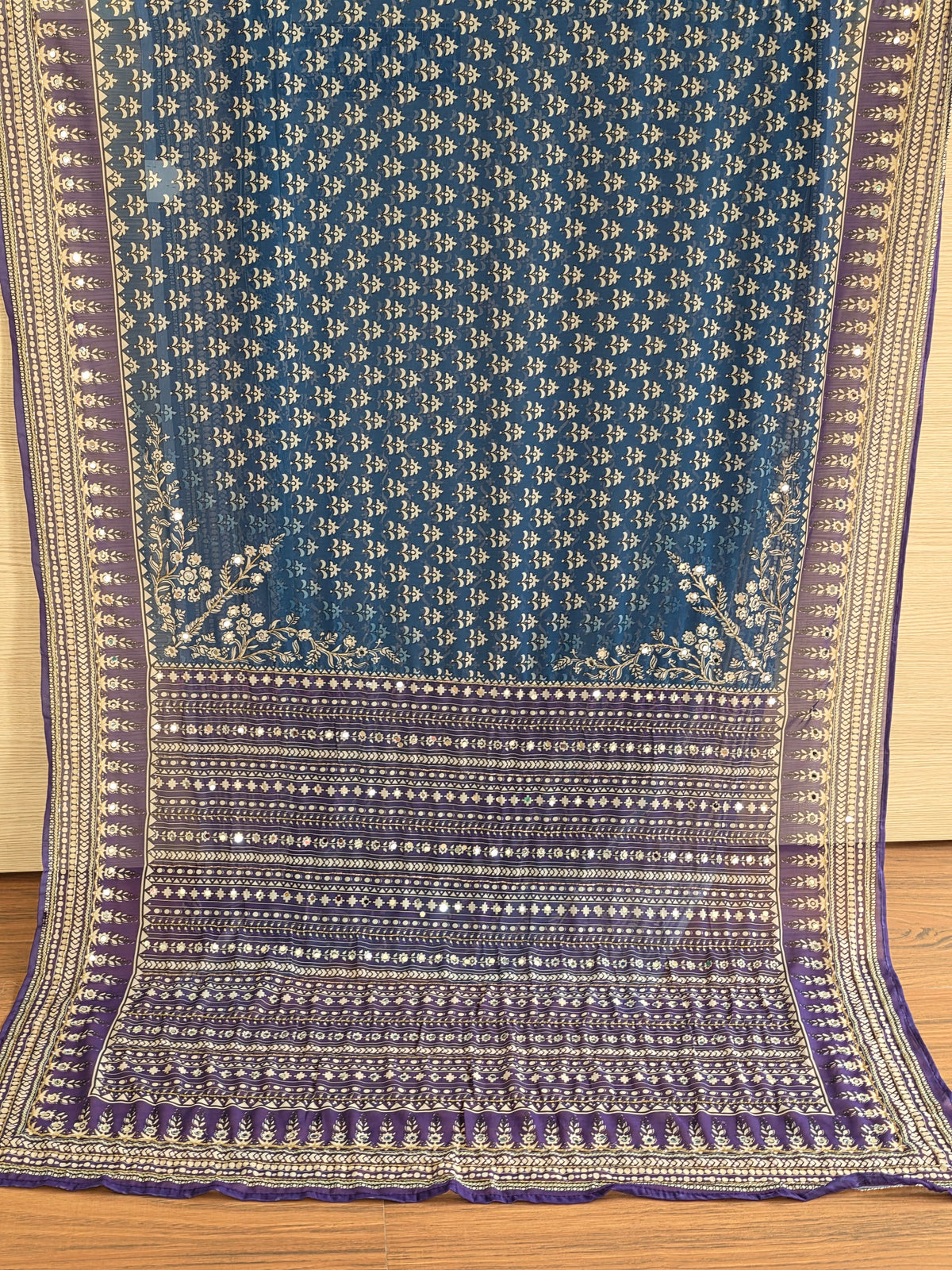 Blue and Purple contrast Georgette Saree with Real Mirror & Cutdana Work