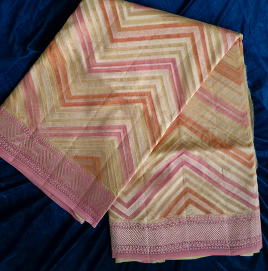 UP000035 - Pastel Yellow Pink Rangkat Khaddi Georgette Banarasi Handloom Saree