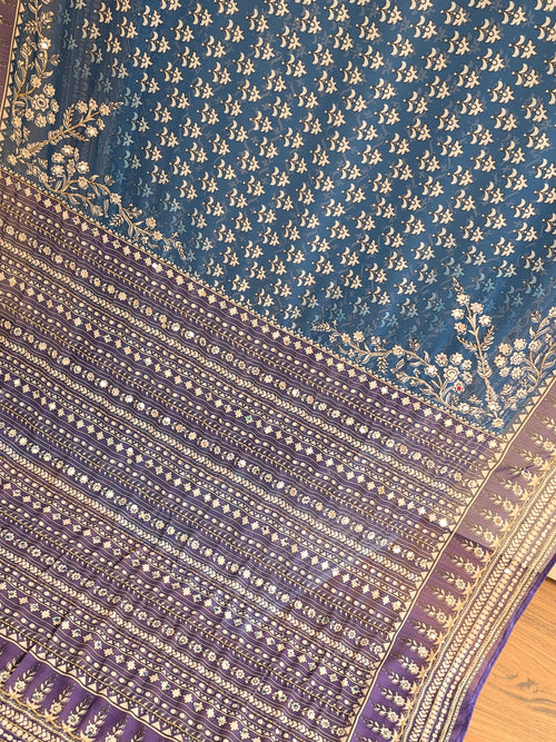 Blue and Purple contrast Georgette Saree with Real Mirror & Cutdana Work